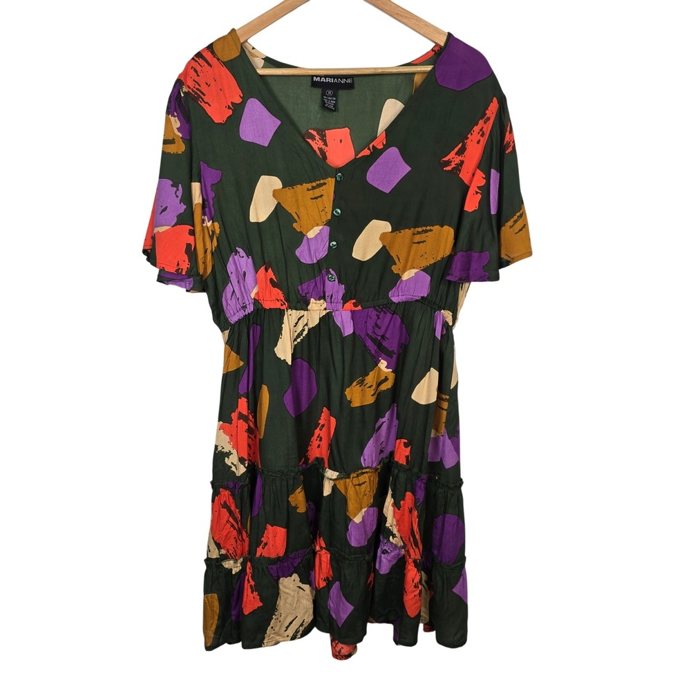 Marianne Women 1X Abstract Rayon Dress Green Purple Tiered Ruffle Boho Mini‎